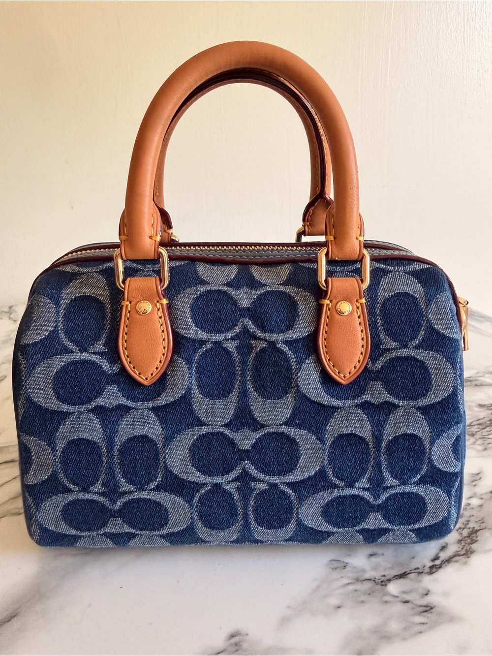 Coach Blue Denim Signature Mini Satchel with Tan Leather Trim - Picture 2 of 7
